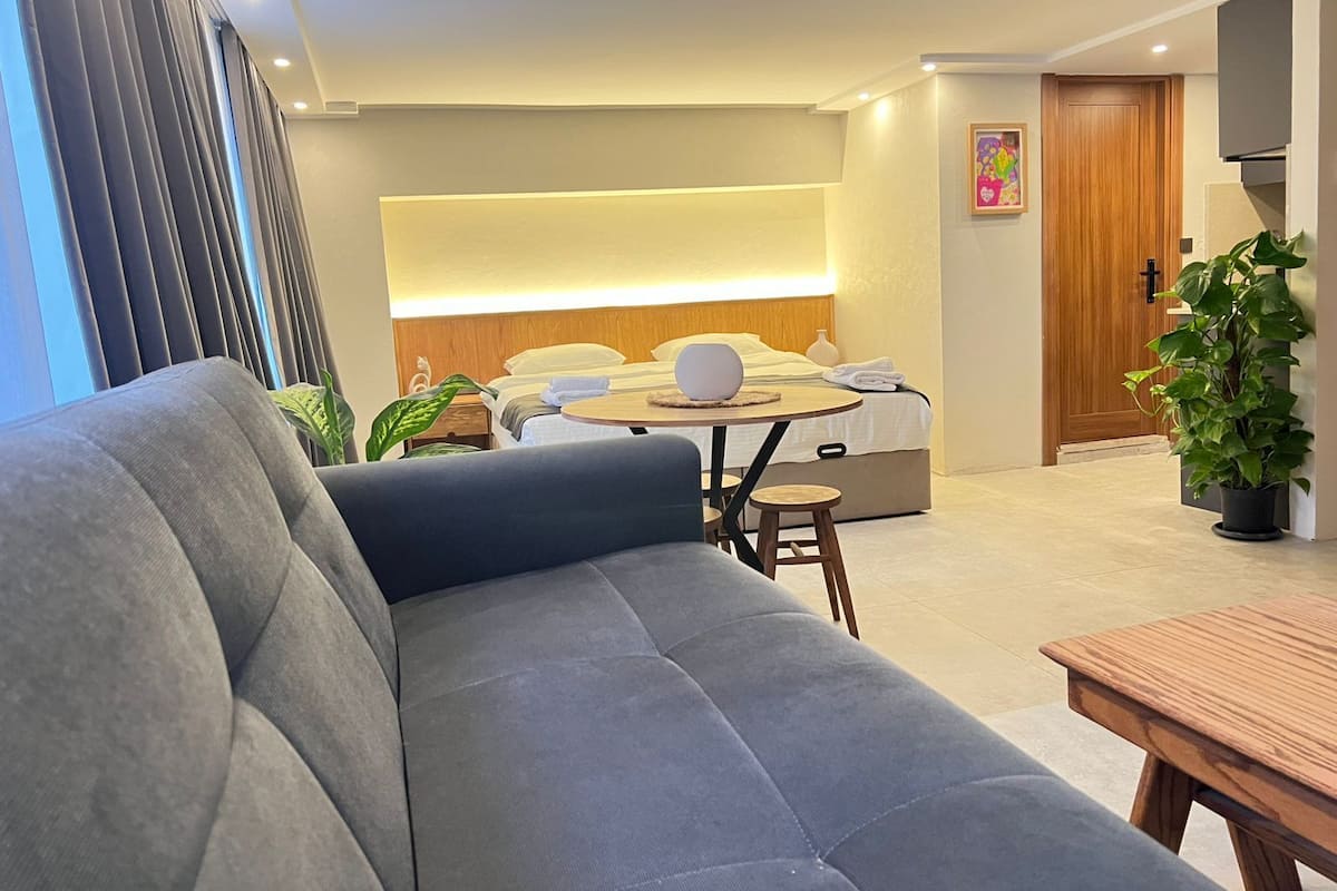 A modern hotel room with a sofa, a dining table, a bed with a headboard, a wooden door, and a potted plant.
