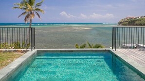 Ein Schwimmbad mit Blick auf den Ozean und einer Palme.