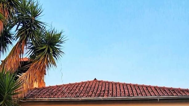 Un edificio con piscina, techo de tejas y una puerta.