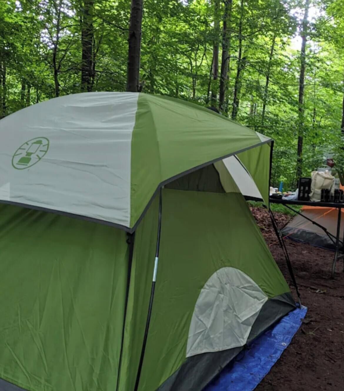 Een groene tent met een recyclinglogo, midden in een bos met bomen op de achtergrond.