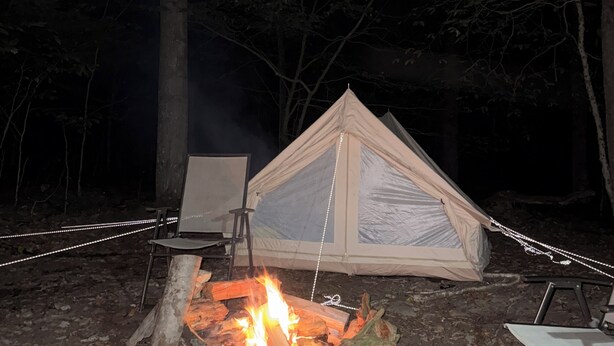 A tent set up in a forest with a campfire in front. - Turey Forest Camping Near Bethel Woods - 15 minutes to Bethel Woods, Casino, (Harris)