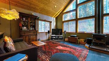 TV connectée, cheminée, écrans d'ordinateur