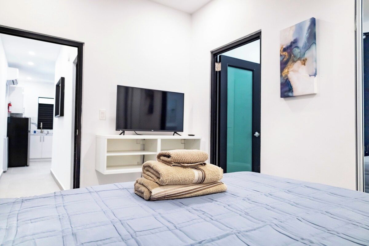 Una habitación de hotel con una cama, un televisor sobre un mueble, un cuadro en la pared y un baño visible a través de una puerta abierta.