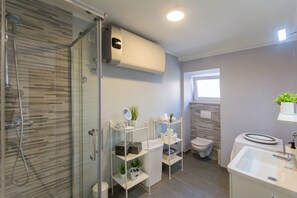 Shower, hair dryer, towels, soap