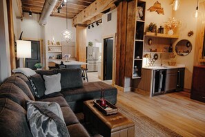 Smart TV, fireplace, books