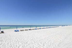 A beach with rows of sun loungers and umbrellas, a clear blue sky, and the ocean in the background.
