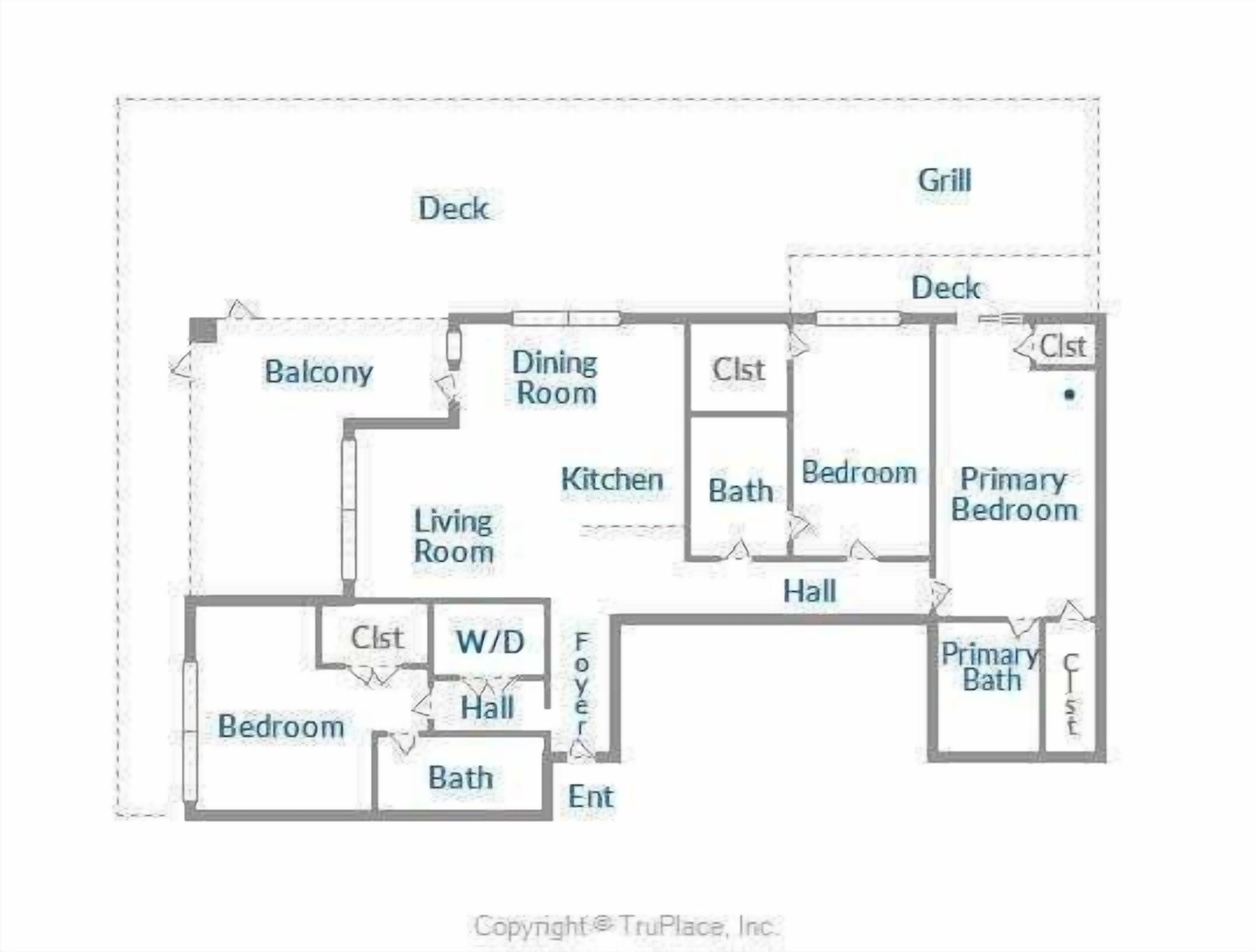 A floor plan of a house with a balcony, dining room, kitchen, living room, two bedrooms, a bathroom, a hall, a foyer, a primary bedroom, a primary bath, and a grill.