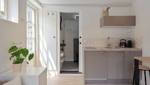 A modern kitchen with a built-in oven, a sink, and a countertop. There is a potted plant on the counter and a hanging rack above the sink. - The Roost - Cottage (Zandvoort)