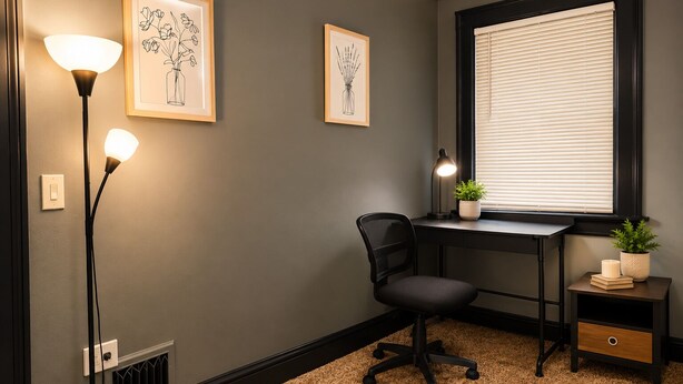 A room with a desk, chair, two wall-mounted lamps, a radiator, and framed artwork. - Charming 2-bedroom apartment in delightful Dearborn - no kitchen and no shower (Dearborn)