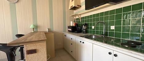 Fridge, oven, cookware/dishes/utensils