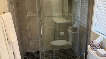 Hair dryer, towels, soap, shampoo