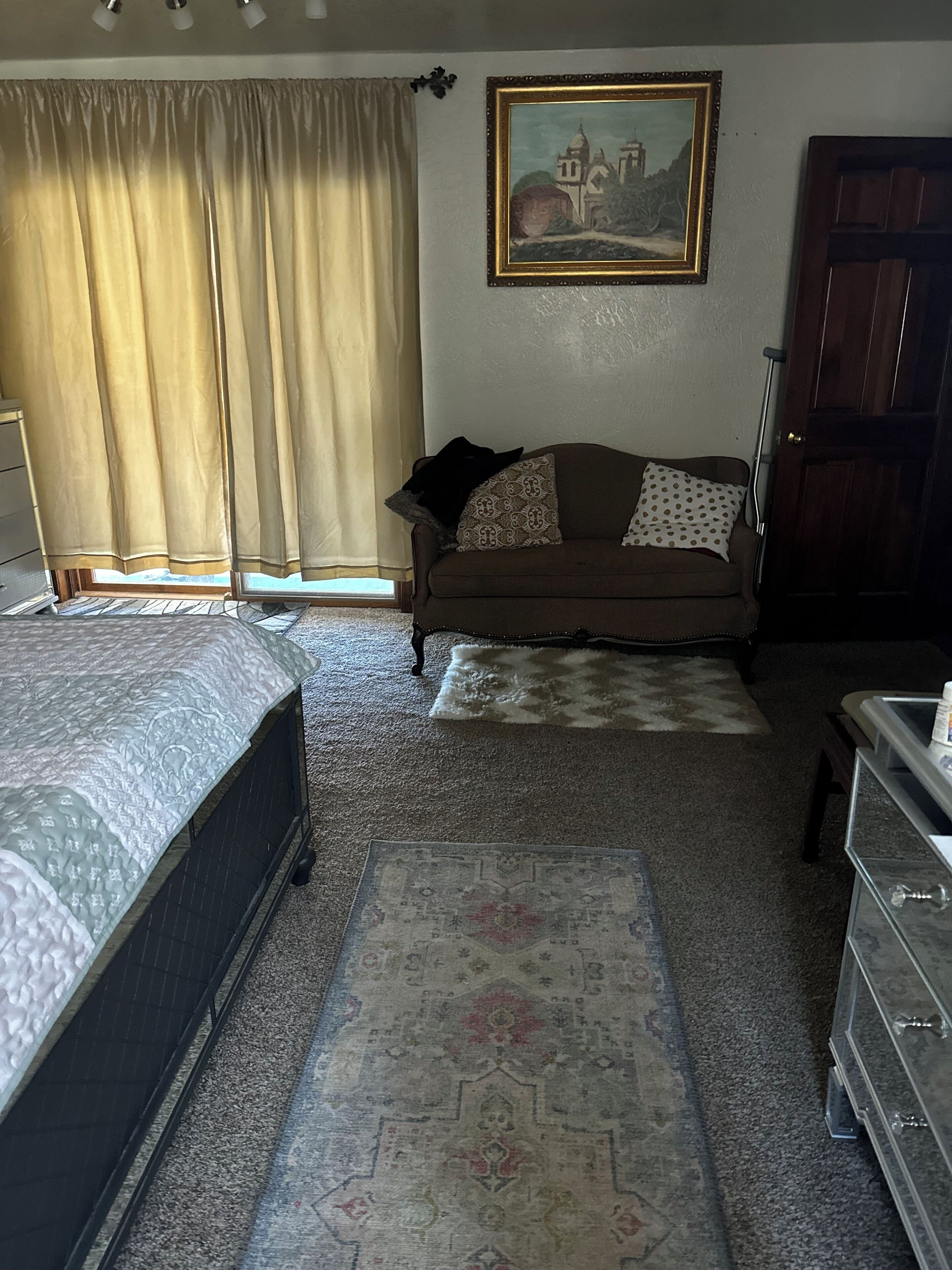 Une chambre à coucher avec un lit, un canapé, un tapis, un tableau et une porte.