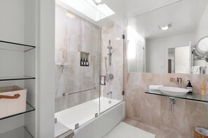 Hair dryer, towels, soap, toilet paper