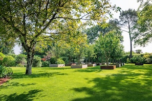 Un jardín bien cuidado, con diversos árboles y un césped impecable.