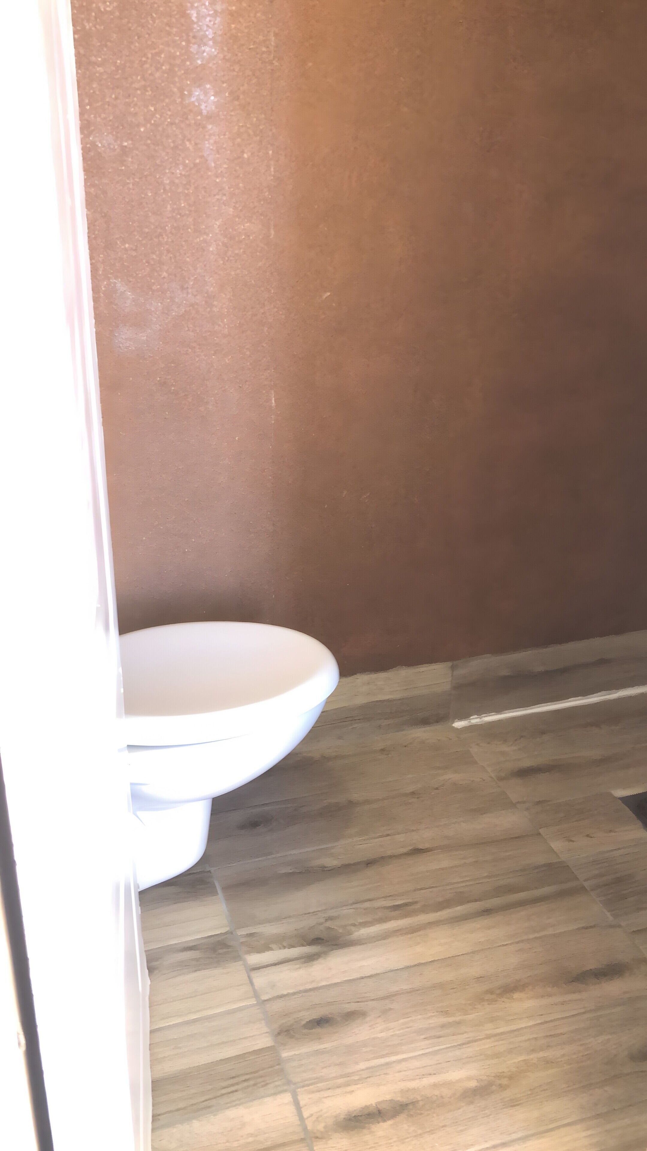 Een badkamer met een wit toilet, houten vloer en een bruine wand.