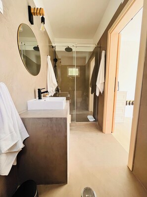Shower, hair dryer, towels