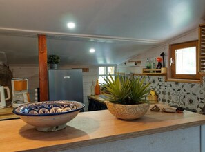 Une cuisine avec un plan de travail en bois, un saladier bleu et blanc, une plante en pot et un réfrigérateur.