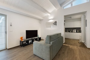 Un salon moderne avec un canapé gris, un téléviseur à écran plat et un meuble de rangement noir pour les appareils multimédias.