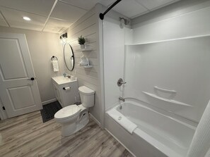 Hair dryer, towels, soap, toilet paper