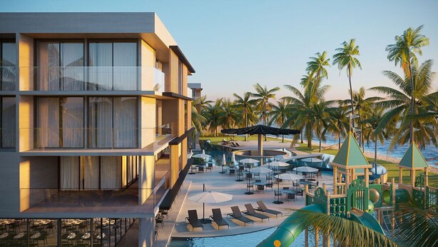 A resort with a pool area, lounge chairs, umbrellas, and palm trees. - Porto Alto Resort, The best option for your vacation! (N. São do Ó)