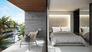 A modern bedroom with a large bed, a chair by a pool, and a view of palm trees. - Porto Alto Resort, The best option for your vacation! (N. São do Ó)