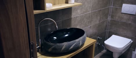 Hair dryer, towels, soap, toilet paper