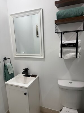 Hair dryer, towels, soap, toilet paper