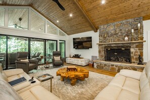 Smart TV, fireplace, books