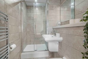 Shower, hair dryer, towels