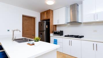 Fridge, microwave, oven, stovetop