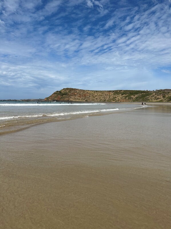 A beach with a sandy shore and a hill in the background.