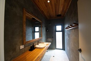 Shower, towels, soap, toilet paper