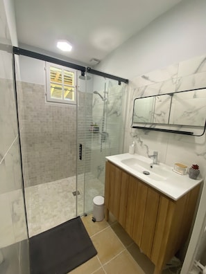 Shower, hair dryer, towels, soap