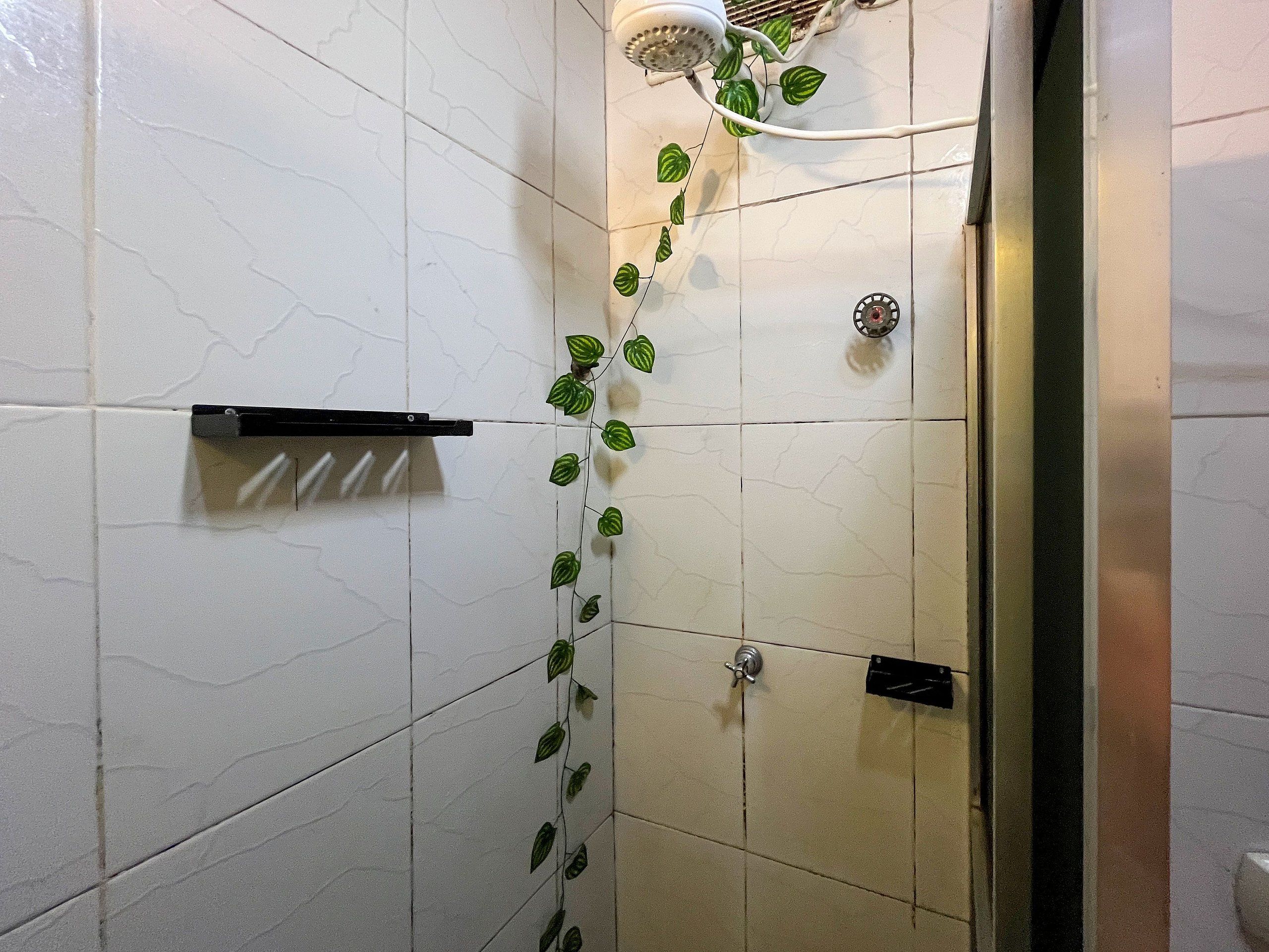 A bathroom with white tiled walls, a shower area, and a plant hanging on the wall.