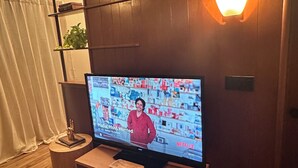 Un televisor sobre un soporte de madera en una habitación con pared de madera y un estante con plantas.