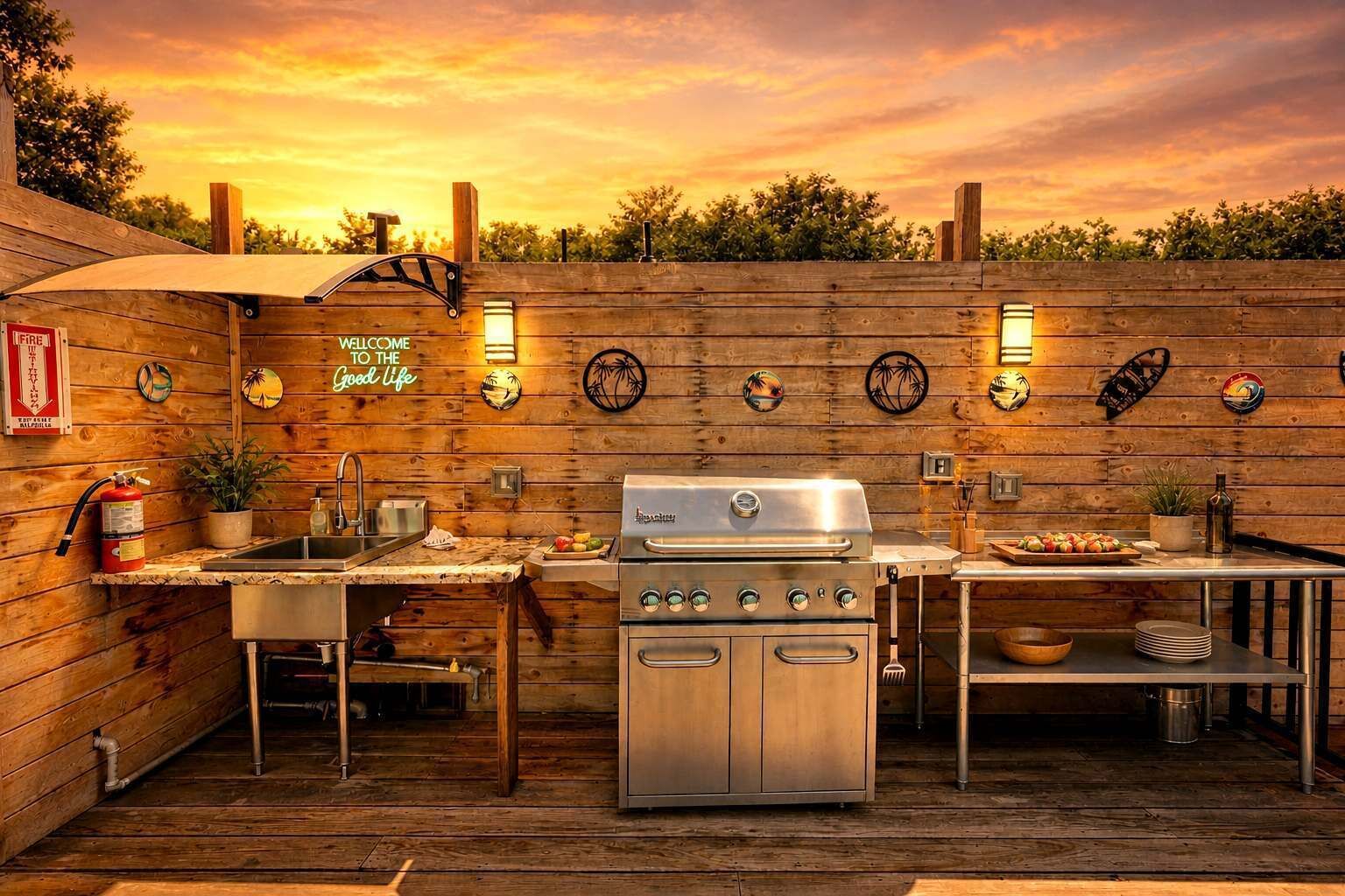 Een buitenkeuken met een barbecue, spoelbak en een bar, omgeven door houten wanden en decoratieve borden.