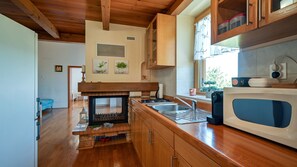 Kühlschrank, Mikrowelle, Herdplatte, Kochgeschirr/Geschirr/Besteck