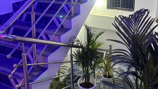 A modern staircase with glass railings, surrounded by potted plants. - JP Hotel (Tezpur)