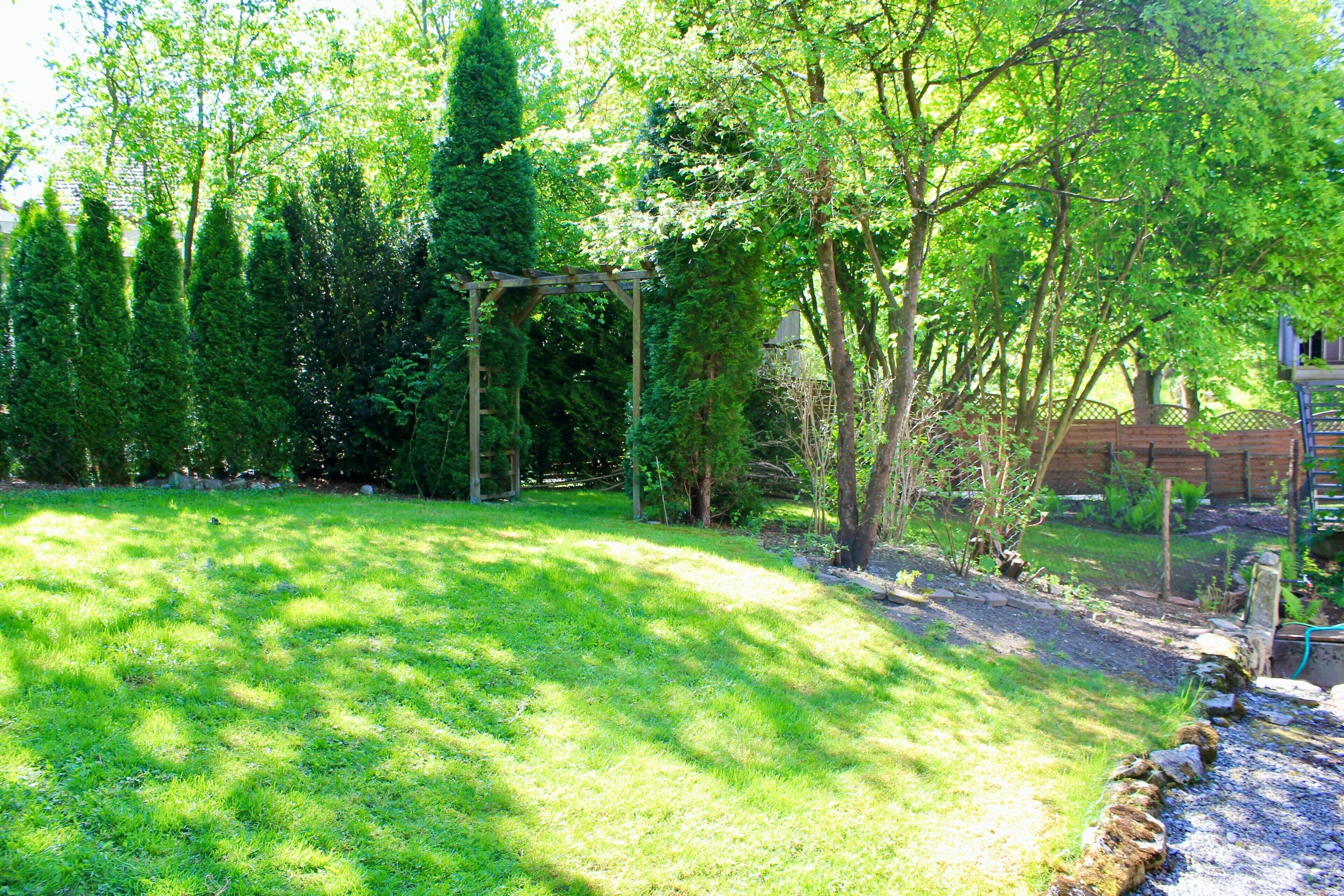 A garden with a pergola, trees, and a brick wall.
