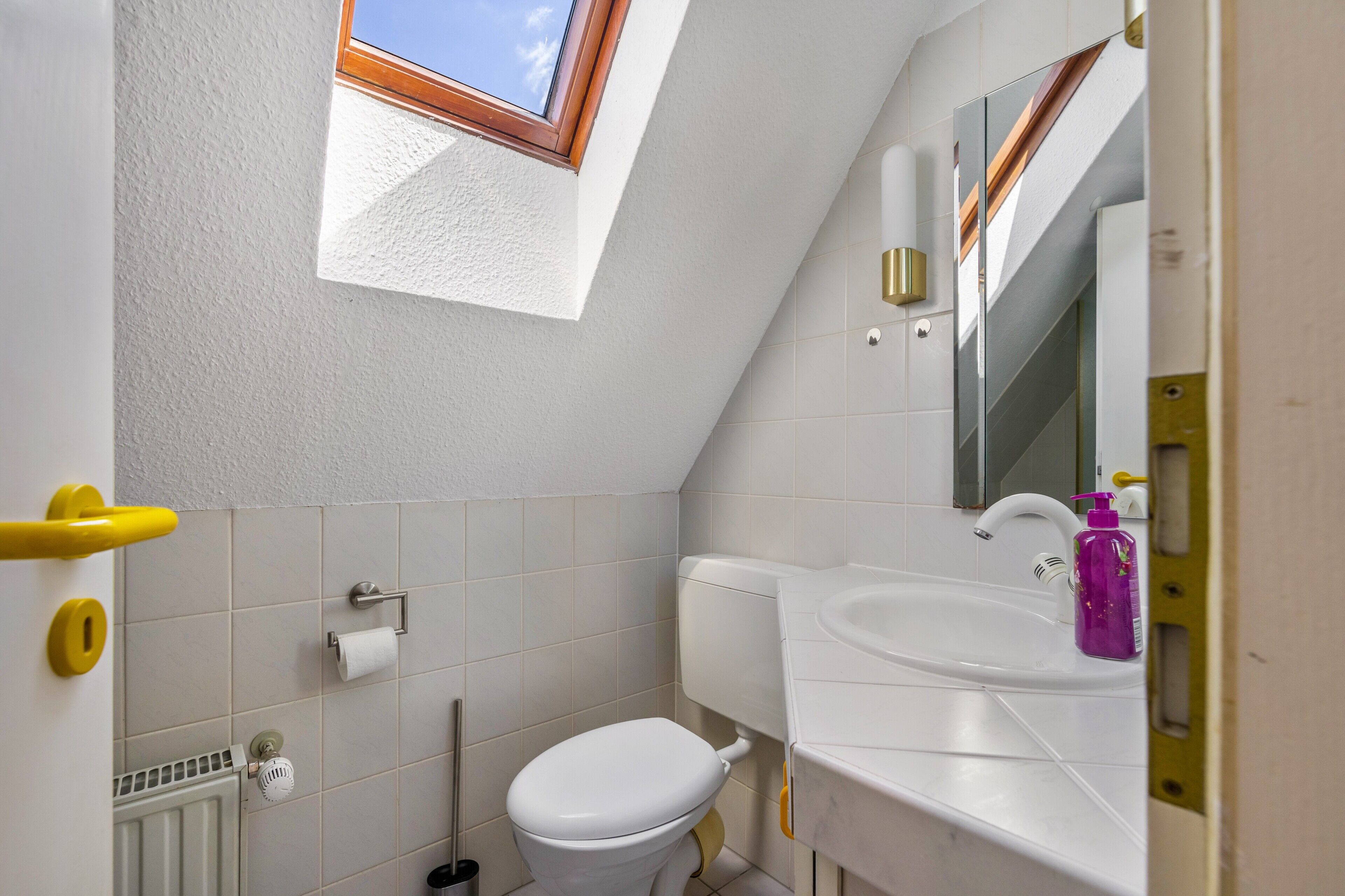 Un baño pequeño con tragaluz, inodoro, lavabo y espejo.