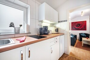 Fridge, microwave, stovetop, electric kettle