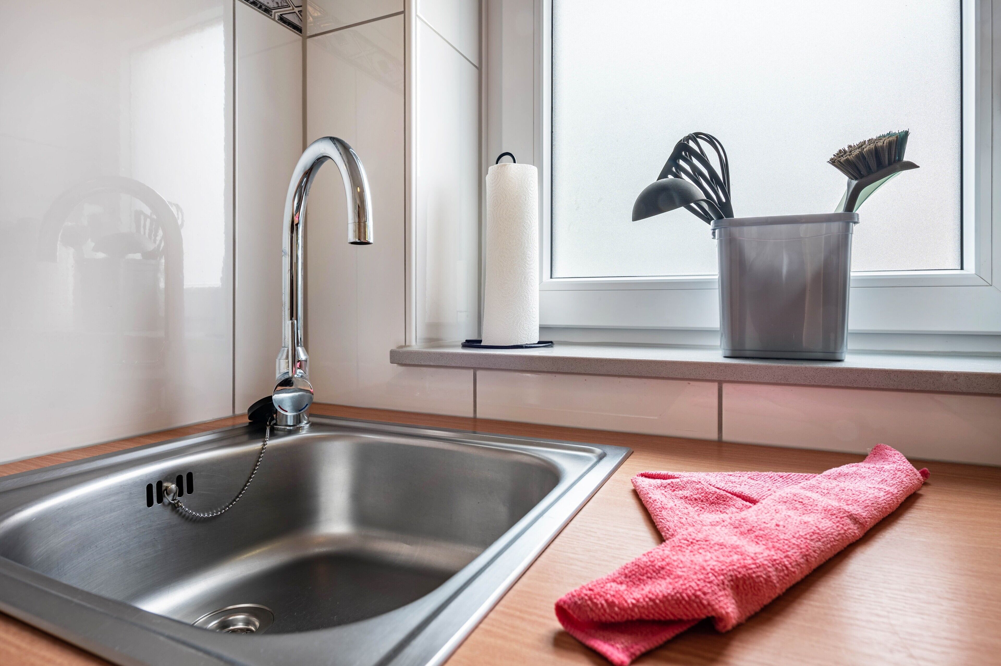 A kitchen with a stainless steel sink, a faucet, a window with a view, and a pink towel on the counter.