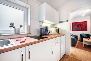 Fridge, microwave, stovetop, electric kettle