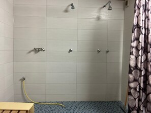 Chuveiro, secador de cabelo, toalhas de banho 