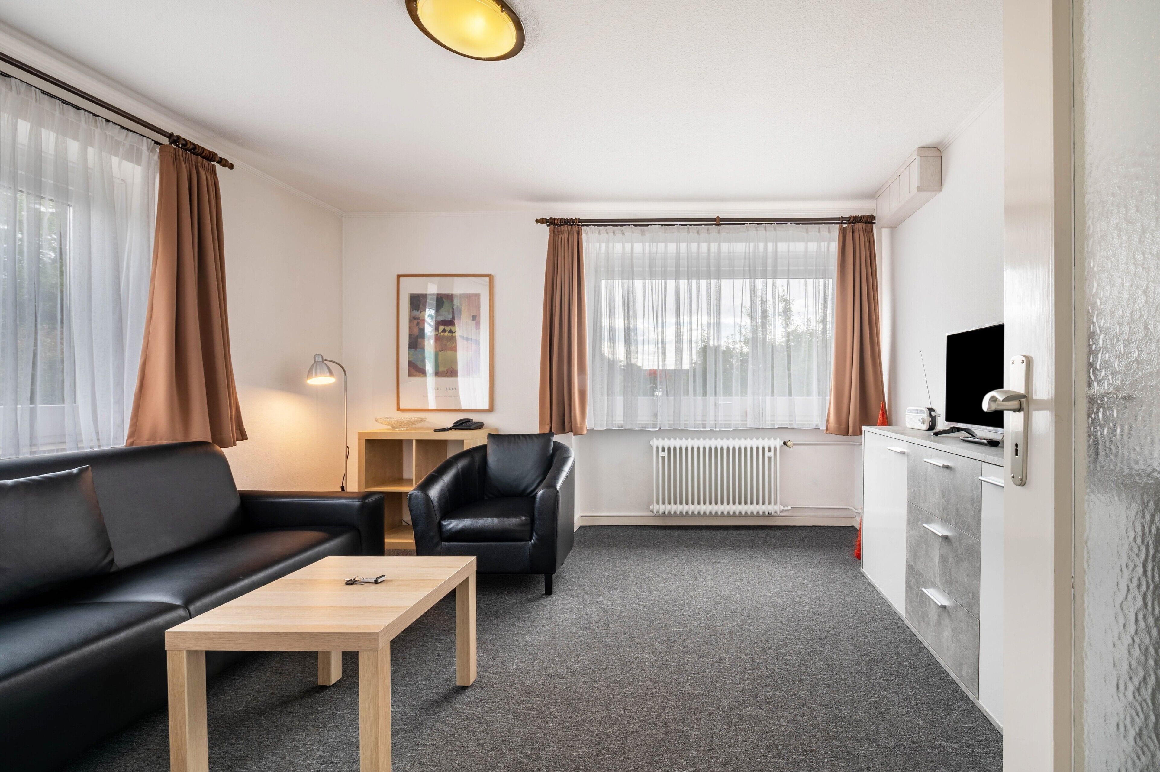 Un salon moderne avec un canapé, une table basse, un fauteuil, un téléviseur et un radiateur.