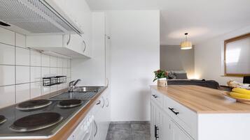 Kühlschrank, Ofen, Herdplatte, Wasserkocher mit Kaffee-/Teezubehör