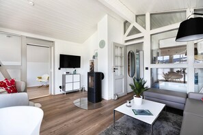 Een televisie en een open haard