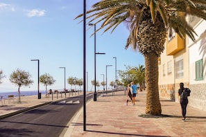 Een boulevard aan de kust met palmbomen, bankjes en een heldere lucht.