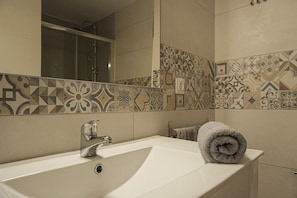 Shower, hair dryer, towels