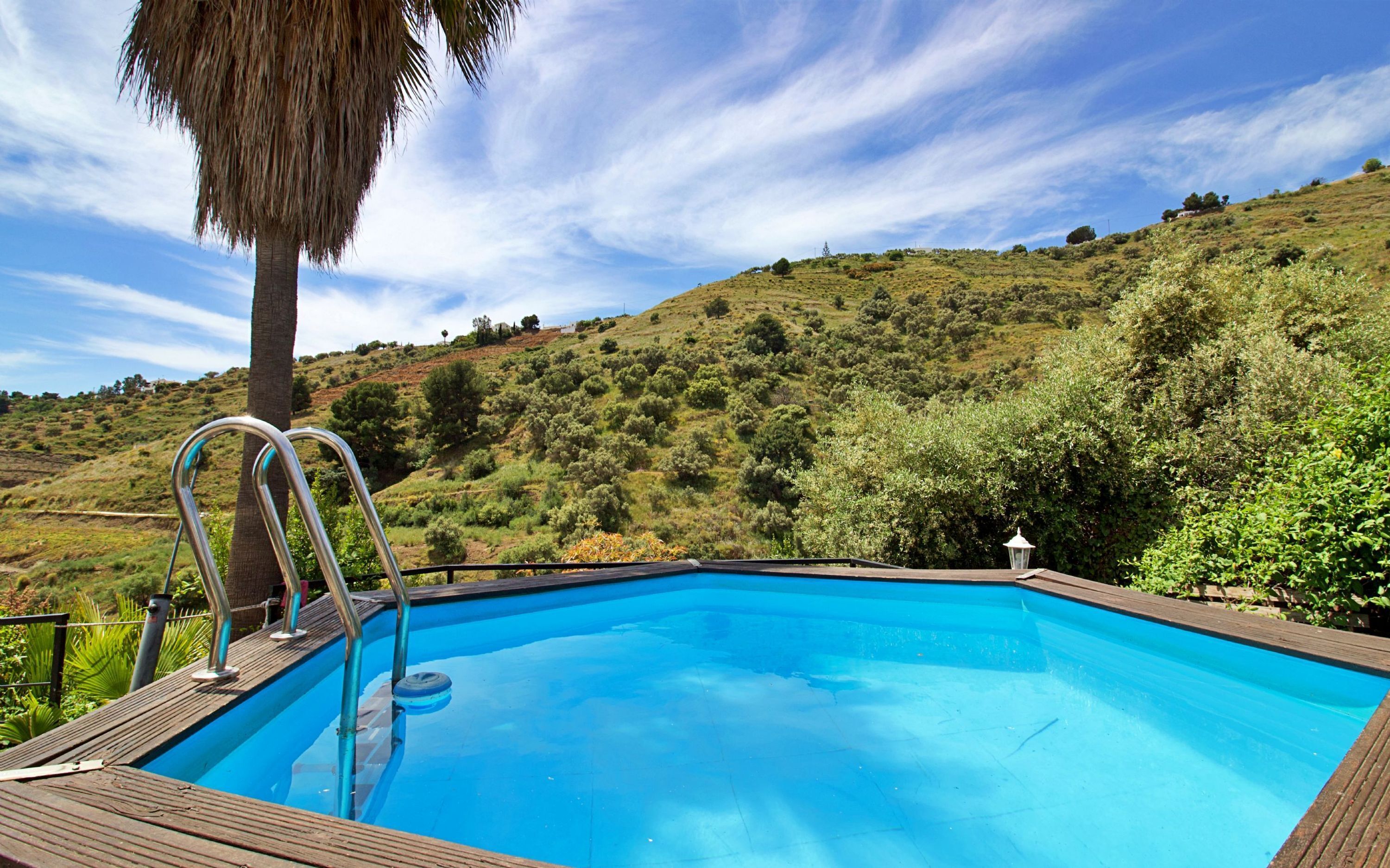 A swimming pool with metal ladders, surrounded by a wooden deck and a palm tree, overlooking a hilly landscape.